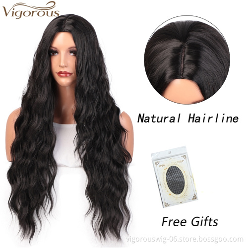 Vigorous Long Black Wavy Wig Synthetic Wave Wigs for Black Women Natural Middle Part Wigs Heat Resistant Hair